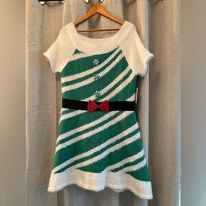 33‎ Degrees Elf Sweater Dress size L. Green and White Stripes with Red Bow